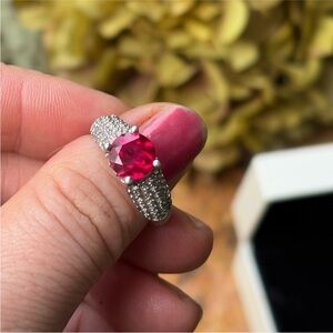 GORGEOUS 925 Stamped Sterling Silver Large Ruby Stone & White Topaz Ring size 9